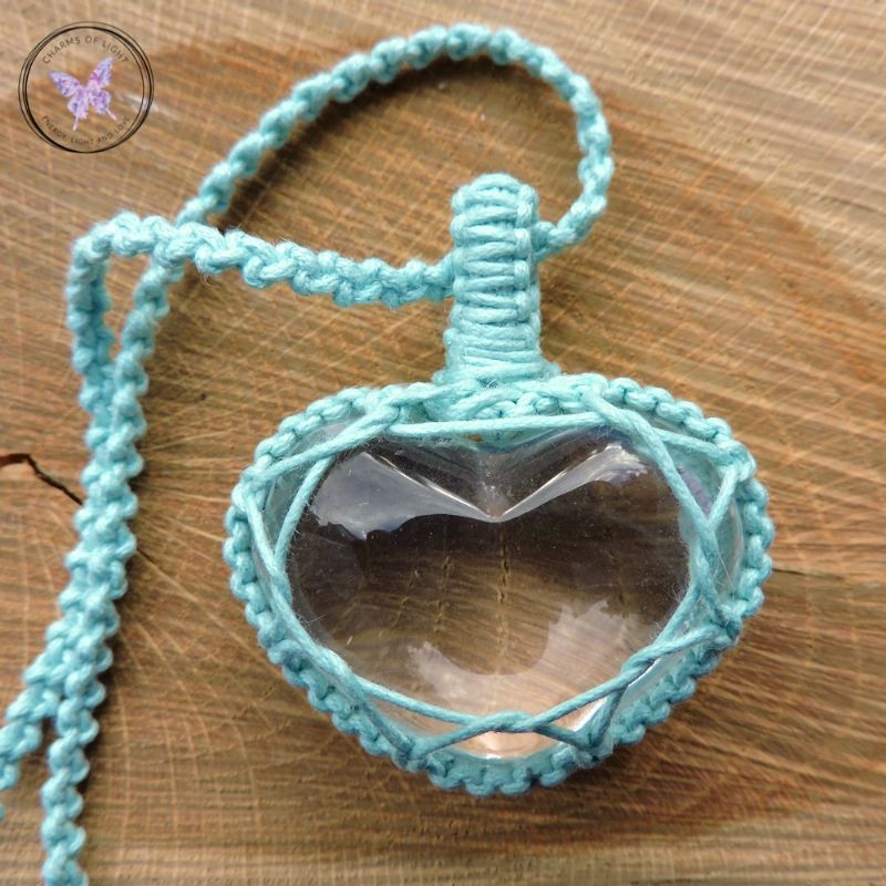 Clear Quartz Heart Macrame Necklace - Light Turquoise Cord